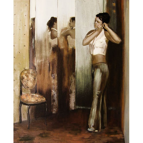 woman before mirrors, female portrait, photorealism, contemporary art, photorealist, painting, contemporary art, Nicholaas Chiao, artist, art