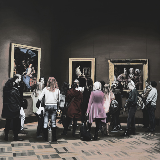 museum painting, museum crowd, photorealism, contemporary art, photorealist, painting, contemporary art, Nicholaas Chiao, artist, art