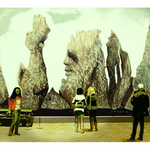 museum visitors looking at surreal cliffs, surrealism, contemporary art, photorealist, painting, contemporary art, Nicholaas Chiao, artist, art