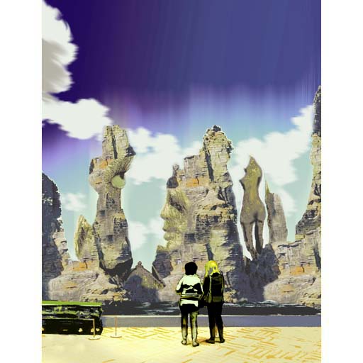 museum visitors looking at surreal cliffs, surrealism, contemporary art, photorealist, painting, contemporary art, Nicholaas Chiao, artist, art
