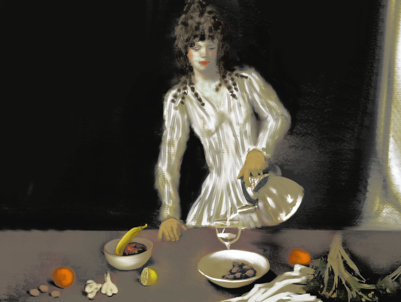 portrait, young woman, kitchen, half-length portrait, photorealism, photorealist, art, fine art, painting, Nicholaas Chiao