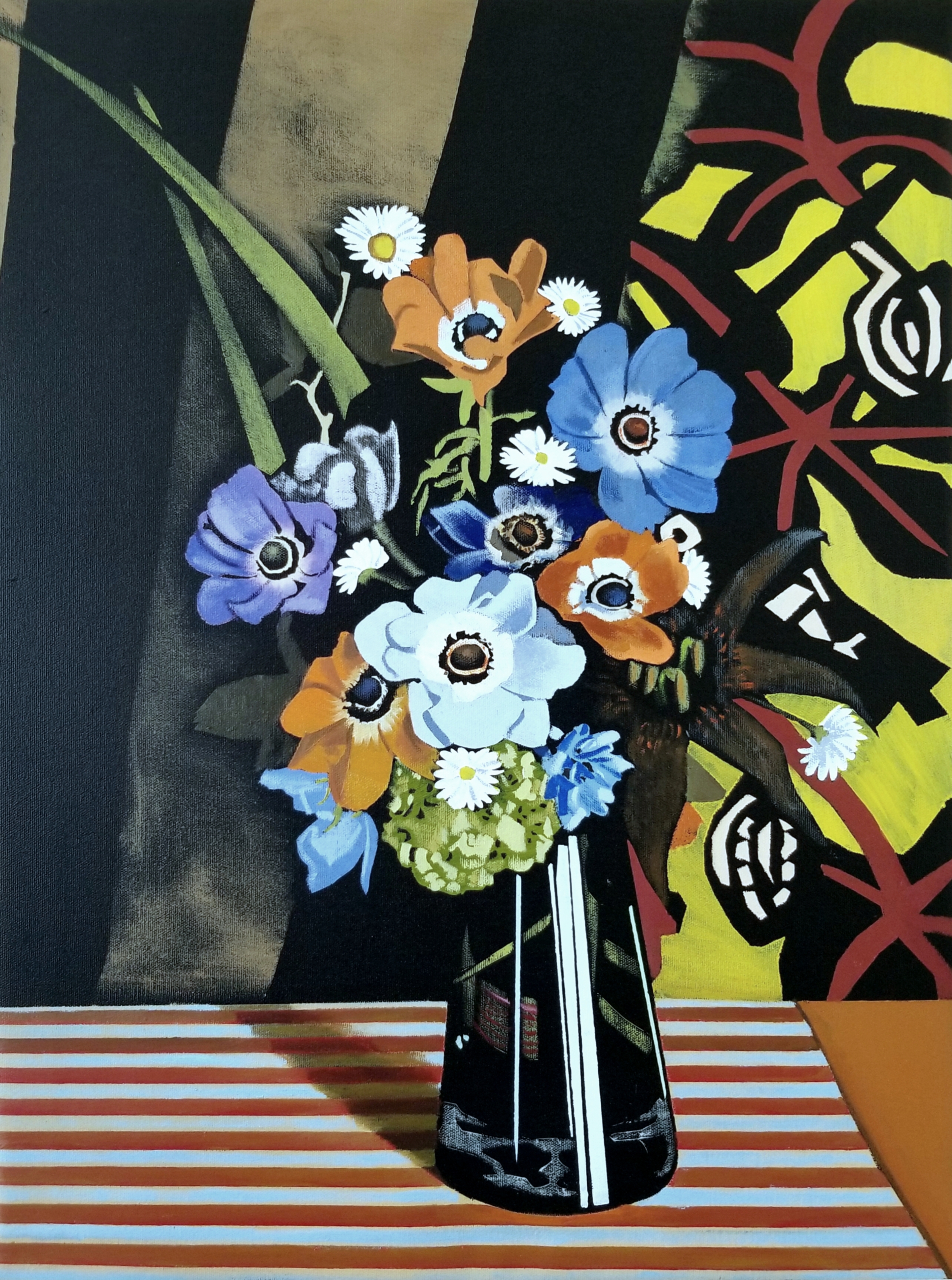 still life, anemones, blue and orange, flowers, photorealism, photorealist, art, fine art, painting, Nicholaas Chiao